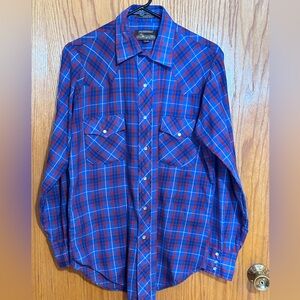 Plainsman Pearl snap western shirt extra‎ long tails size 15(medium) blue plaid